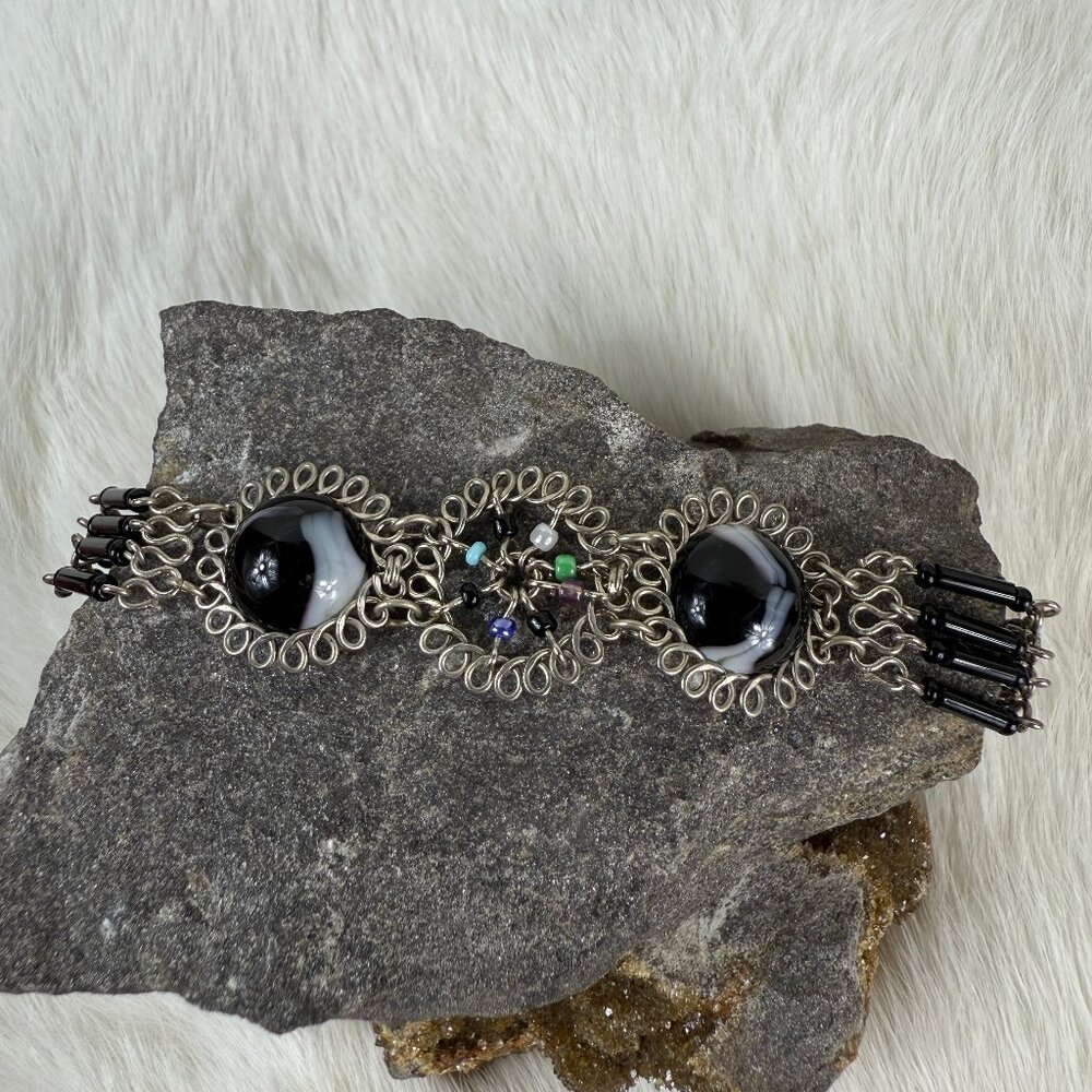 Wire Black Stone & Bead Bracelet 7.5"